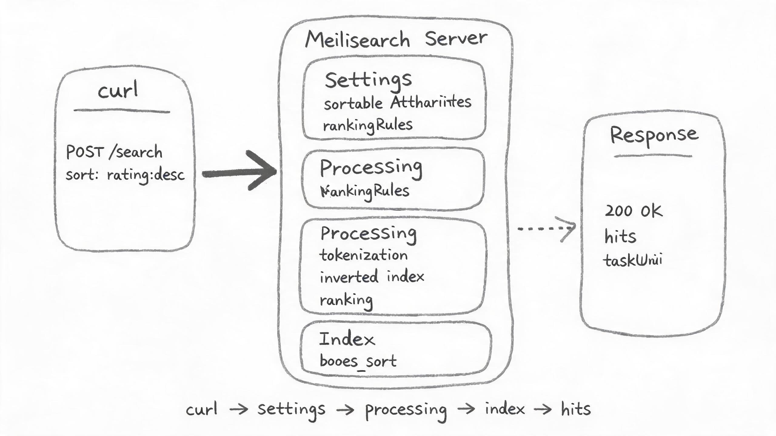 Meilisearch 排序与自定义排名调用链路架构图