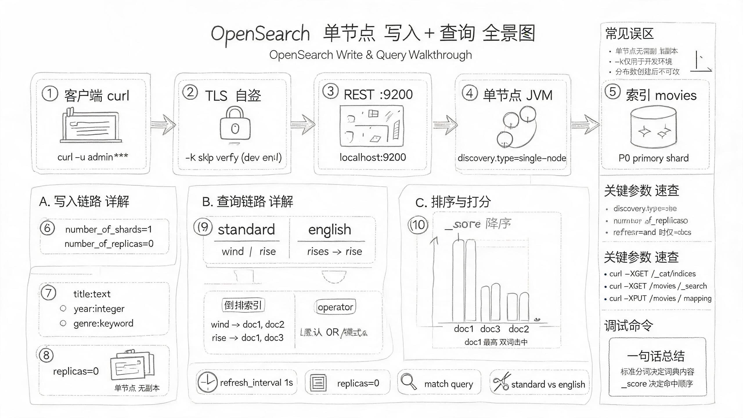 OpenSearch 業務邏輯全景圖:寫入鏈路 curl → 9200 → 節點 → movies 索引,查詢鏈路 wind rise 經分詞後進倒排索引,返回 3 條命中