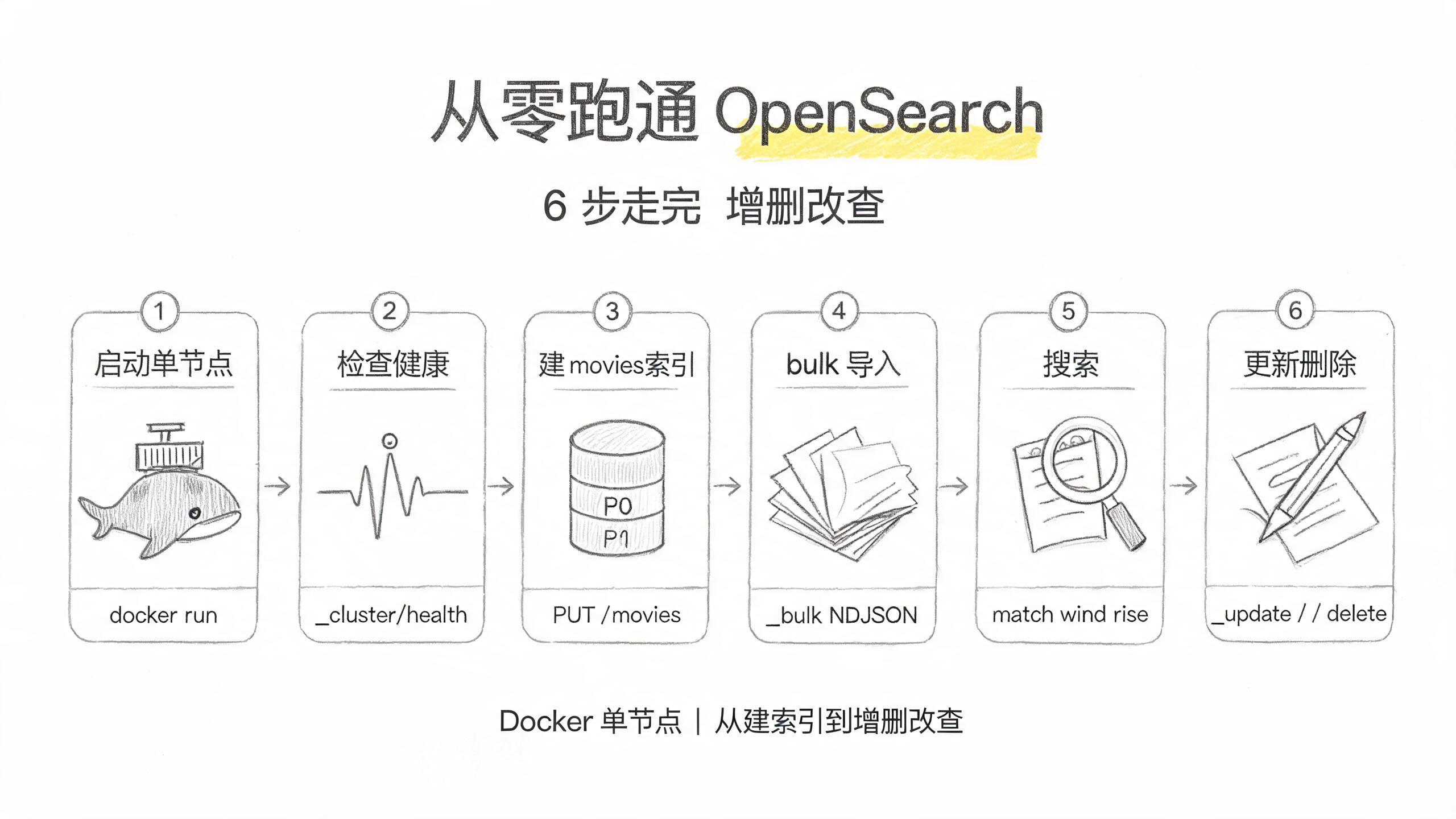 從零跑通 OpenSearch 6 步流程封面:啟動單節點 → 檢查健康 → 建 movies 索引 → bulk 導入 → 搜索 → 更新刪除
