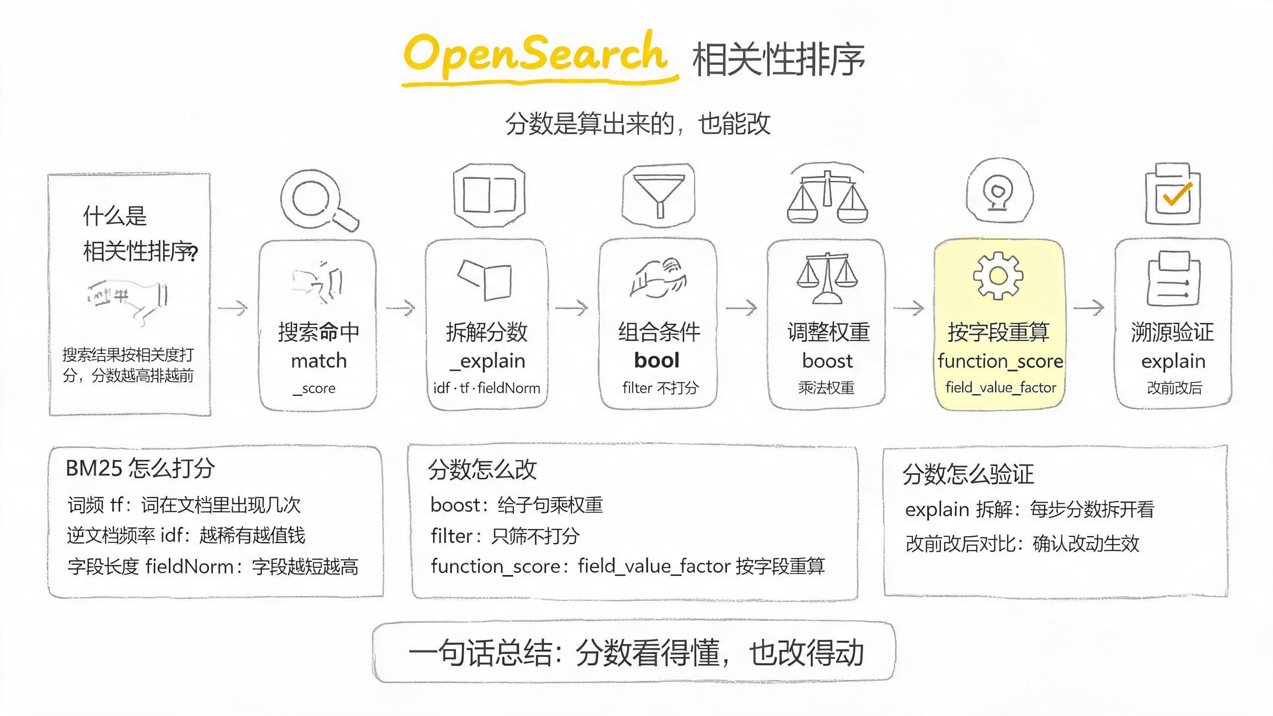 OpenSearch 相關性排序鉛筆手繪詳解圖:左側定義卡解釋什麼是相關性排序,中間六張手繪圓角卡片從左到右對應六步——放大鏡配搜索命中 match、拆開的方塊配拆解分數 _explain、漏斗配組合條件 bool、天平配調整權重 boost、齒輪配按字段重算 function_score、清單打勾配溯源驗證 explain,每卡下方標註知識點小標籤,底部三個手繪方框分別詳解 BM25 怎麼打分(詞頻 tf、逆文檔頻率 idf、字段長度 fieldNorm)、分數怎麼改(boost、filter、function_score)、分數怎麼驗證(explain 拆解、改前改後對比),第五步淡黃色高亮