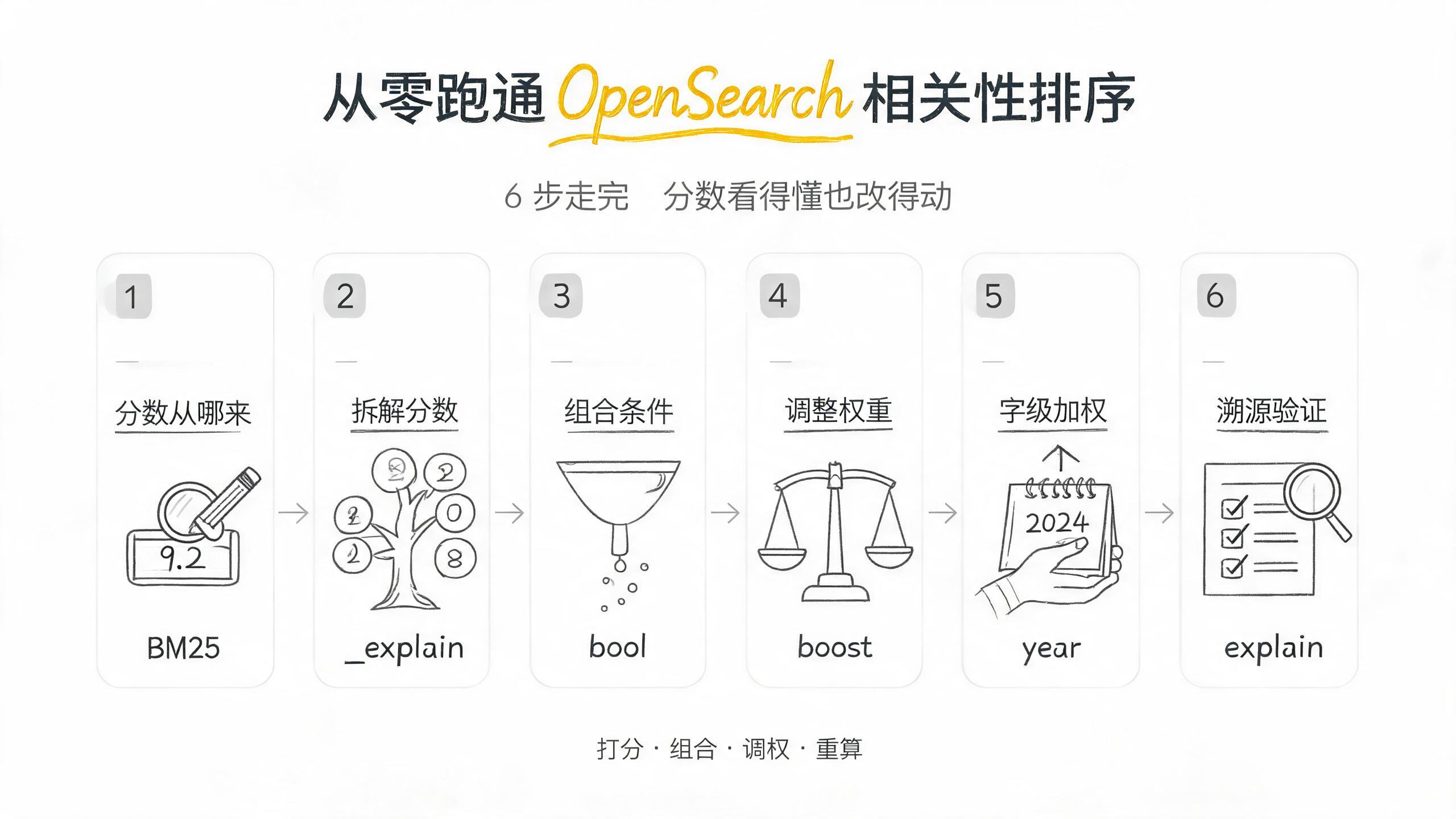 從零跑通 OpenSearch 相關性排序 6 步流程封面:看懂 _score → explain 拆解 → bool 組合 → boost 調權 → function_score 加權 → explain 溯源